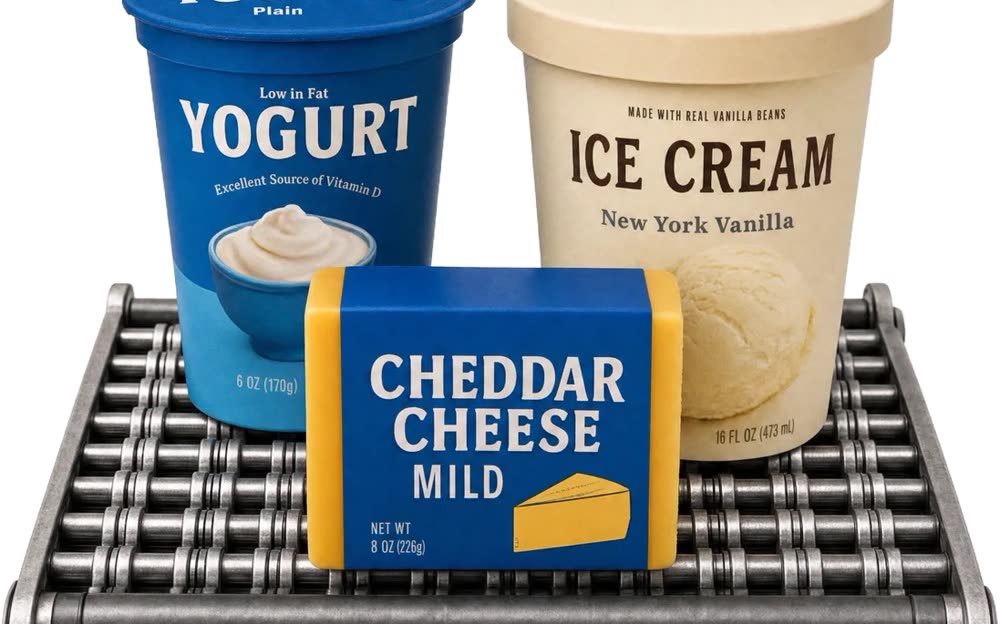 Dairy products moving along an IPM packaging line