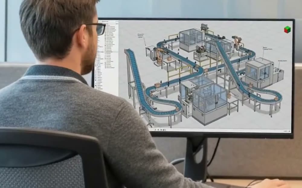 Engineer reviewing a 3D packaging-line layout on screen
